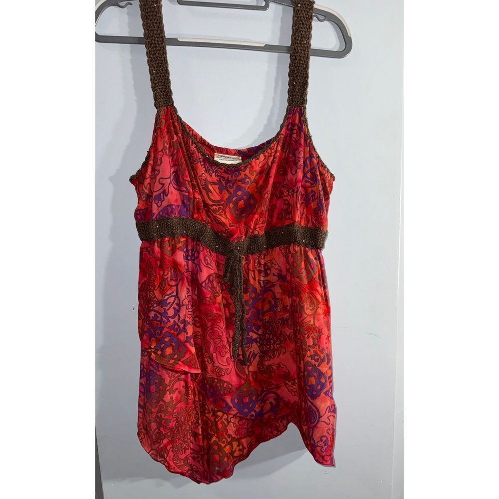 Santiki orange boho embellished tank with brown cotton woven straps size 1X